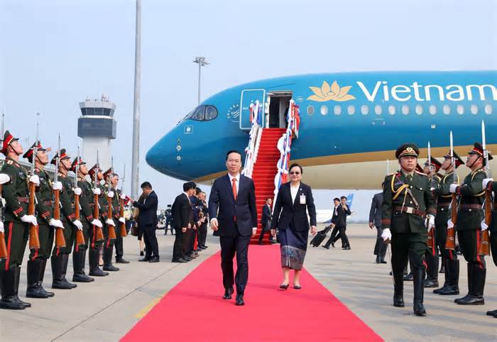 Lễ đón trọng thể Chủ tịch nước Võ Văn Thưởng tại Lào