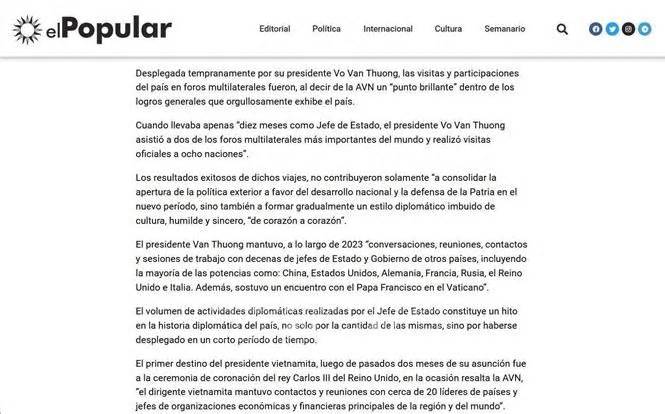 Báo chí Uruguay đưa tin về đánh giá và yêu cầu của Tổng Bí thư Nguyễn Phú Trọng đối với sự phát triển của Việt Nam