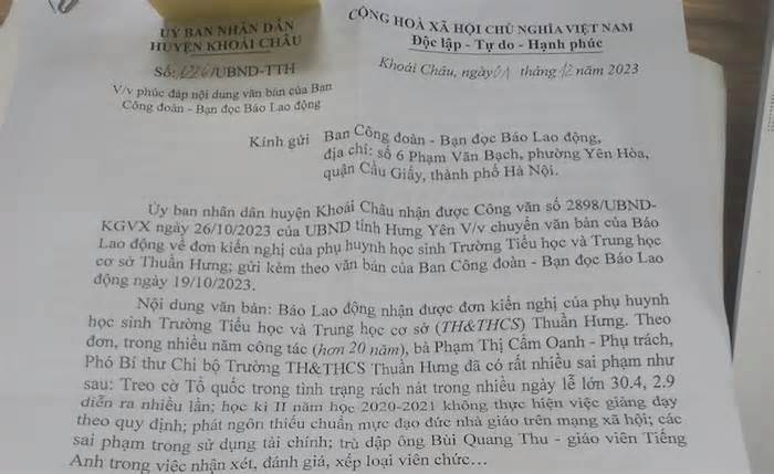 Phụ huynh tố Phó Bí thư Chi bộ nhà trường trù dập giáo viên tại Hưng Yên