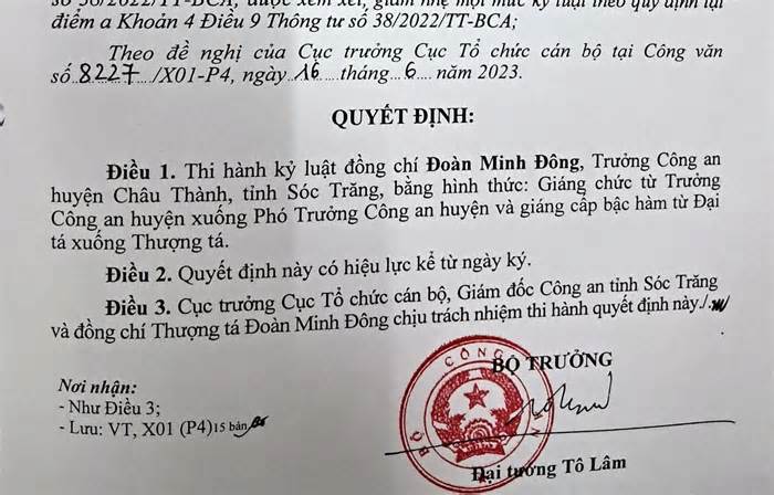 Giáng chức, giáng cấp bậc Trưởng Công an huyện Châu Thành, tỉnh Sóc Trăng