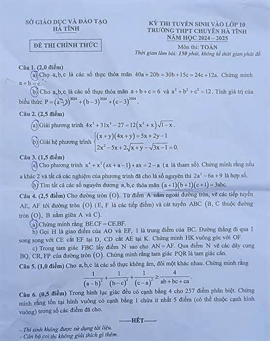 Lời giải đề thi môn Toán chuyên lớp 10 ở Hà Tĩnh