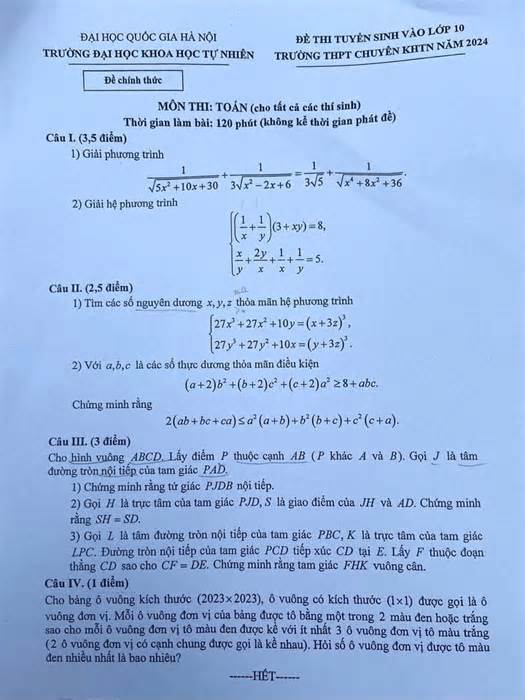 Đề thi Toán vòng 1 vào lớp 10 trường chuyên Khoa học Tự nhiên