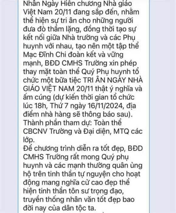 Phụ huynh vận động kinh phí tổ chức 20/11, hiệu trưởng ra thông báo khẩn