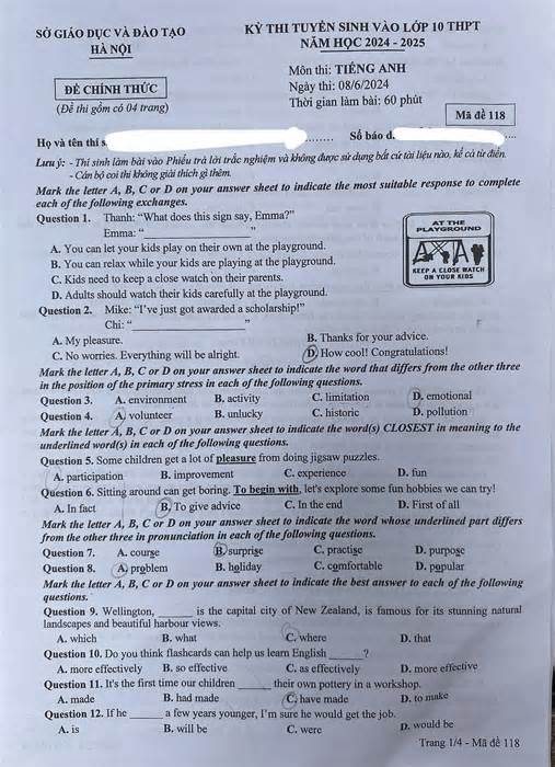 Đề thi Tiếng Anh lớp 10 ở Hà Nội năm 2024