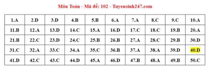 Gợi ý đáp án mã đề 102 môn Toán thi tốt nghiệp THPT 2024