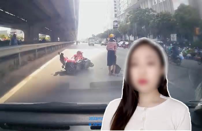 Nữ hành khách bàng hoàng trước việc xe ôm công nghệ bị xe tải ép ngã