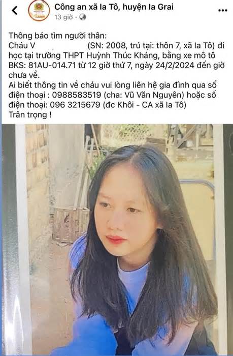 Tìm thấy nữ sinh 16 tuổi ở Gia Lai đi học rồi mất tích bí ẩn