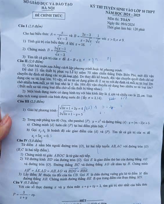 Cập nhật đề thi, đáp án môn Toán vào lớp 10 ở Hà Nội