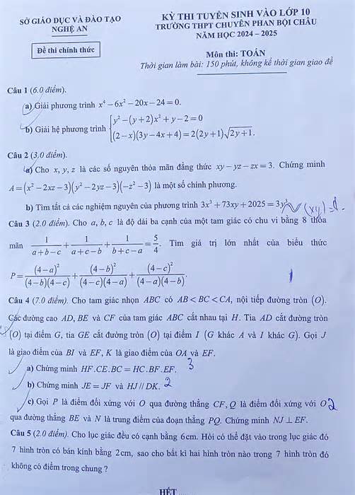 Đáp án đề thi Toán chuyên lớp 10 ở Nghệ An