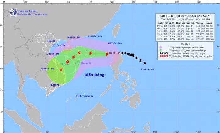 Dự báo: Bão số 7 có thể rất nguy hiểm với tàu thuyền trên khu vực Bắc và giữa Biển Đông, vùng biển ven bờ Trung-Nam Trung Bộ trong các ngày 8-12/11