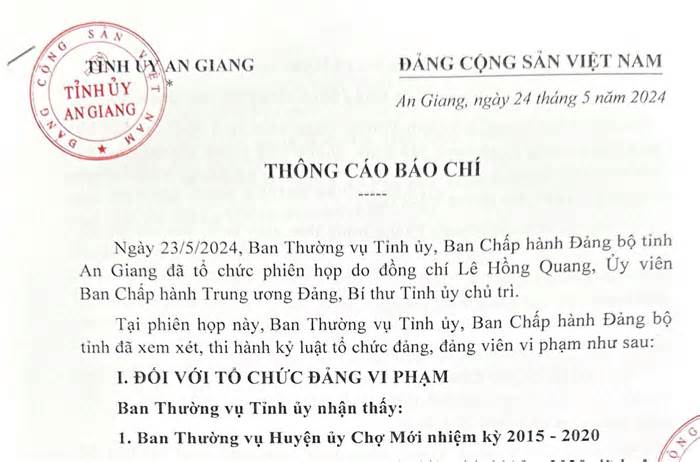 Kỷ luật Ban Thường vụ Huyện ủy, nguyên Bí thư, nguyên Chủ tịch huyện Chợ Mới