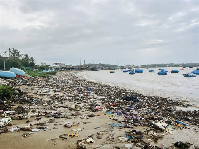 Bờ biển Quảng Ngãi bị rác thải 'nuốt chửng' sau mưa lớn