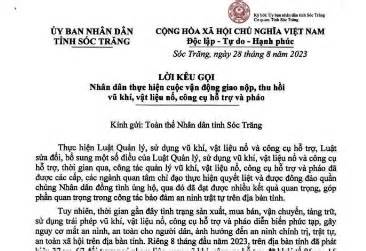 Chủ tịch Sóc Trăng kêu gọi nhân dân giao nộp, thu hồi vũ khí, vật liệu nổ