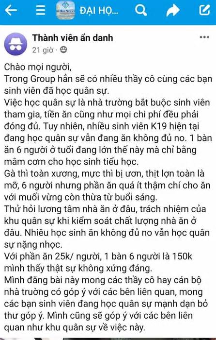 Bữa cơm không đủ no của sinh viên đi học Quốc phòng: Giám đốc ĐH Huế nói gì?