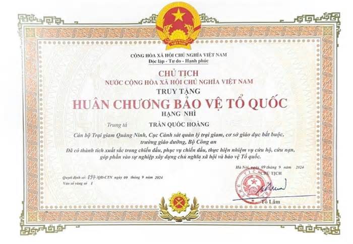 Thiếu tá hy sinh khi chống bão Yagi được truy tặng Huân chương Bảo vệ Tổ quốc