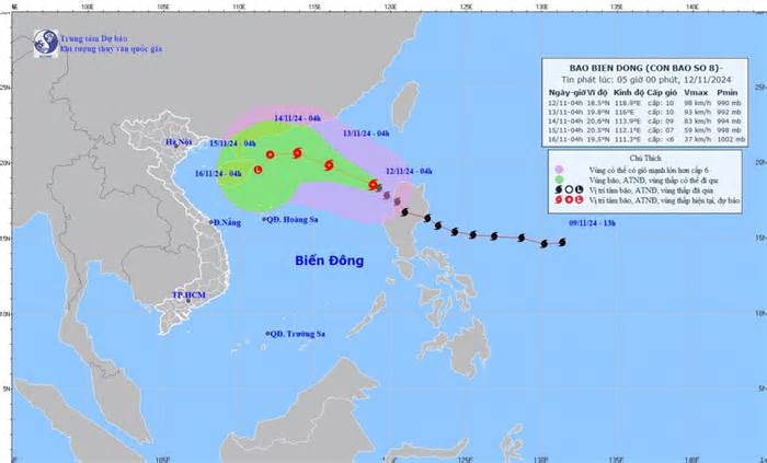 Dự báo bão số 8: Trên vùng biển phía Đông khu vực Bắc Biển Đông, di chuyển theo hướng Tây Bắc