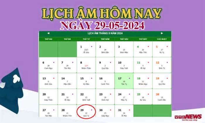 Lịch âm 29/5 - Âm lịch hôm nay 29/5 chính xác nhất - lịch vạn niên 29/5/2024