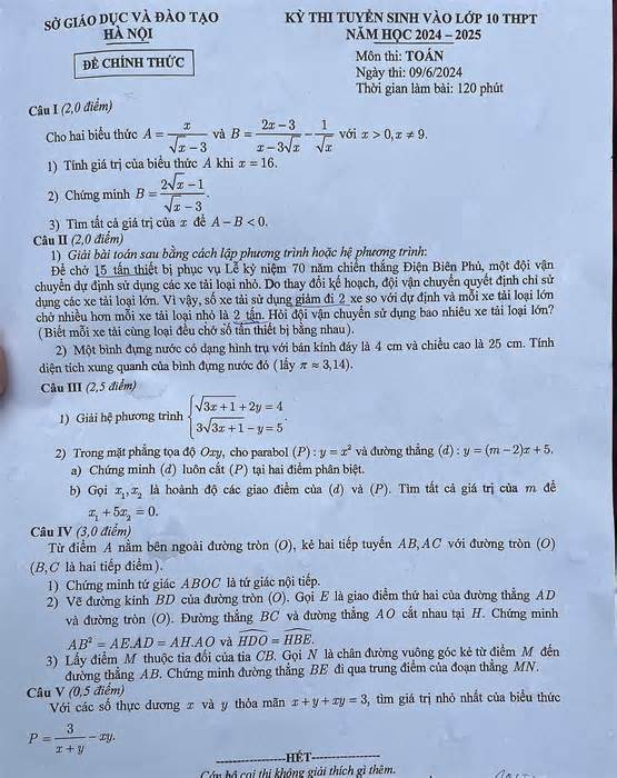 Đề Toán thi lớp 10 ở Hà Nội năm 2024