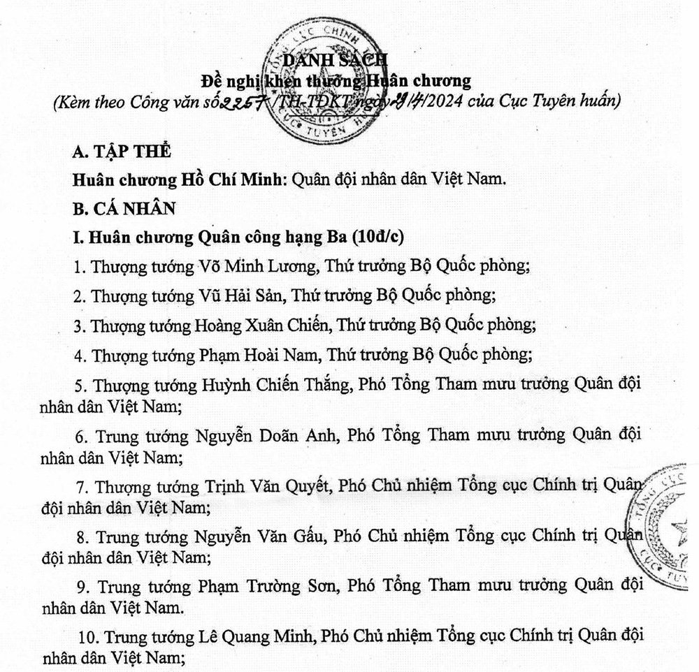 4 Thứ trưởng cùng nhiều tướng Quân đội được đề nghị tặng thưởng Huân chương