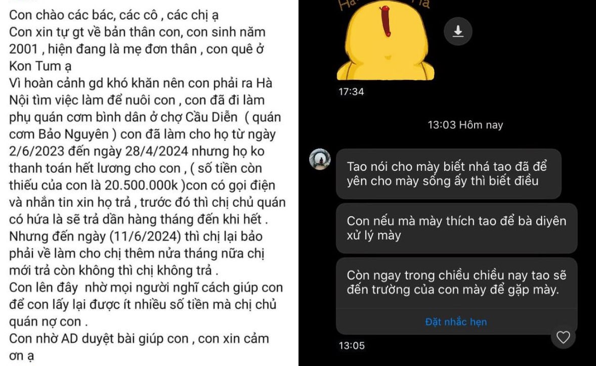 Mẹ đơn thân tố nữ chủ quán cơm ở Hà Nội quỵt lương, liên tục nhắn tin đe dọa